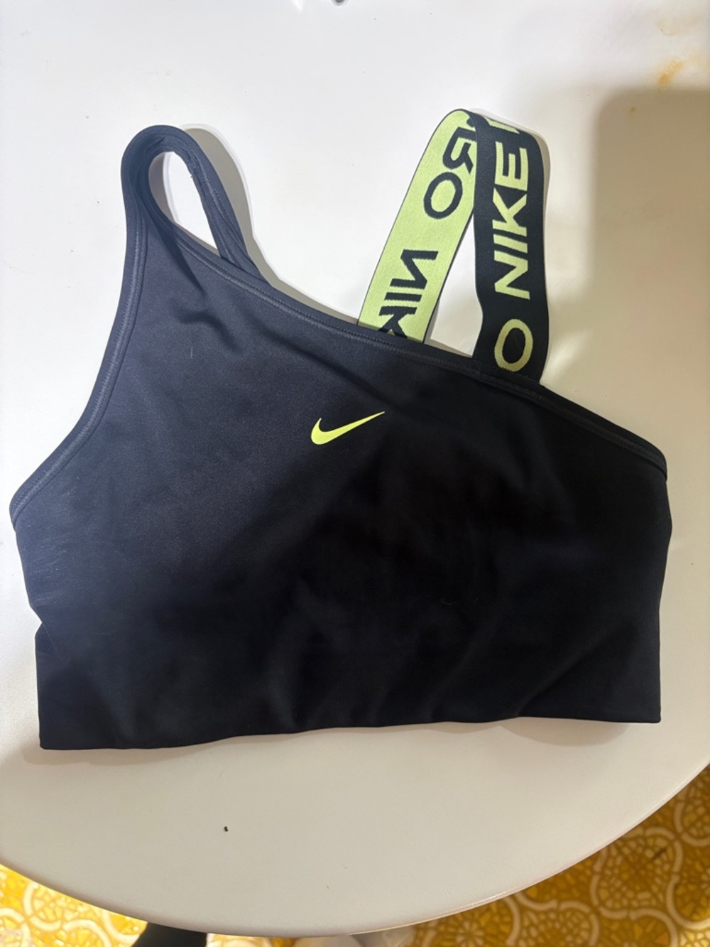 Nike Asymmetrical Sports Bra - Black with Neon Yellow Accents